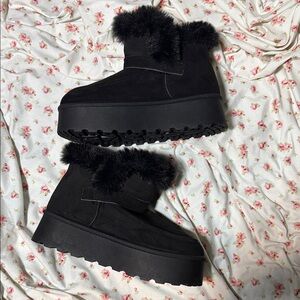 Brand New Black Faux-Fur Platform Ankle Boots - Women
